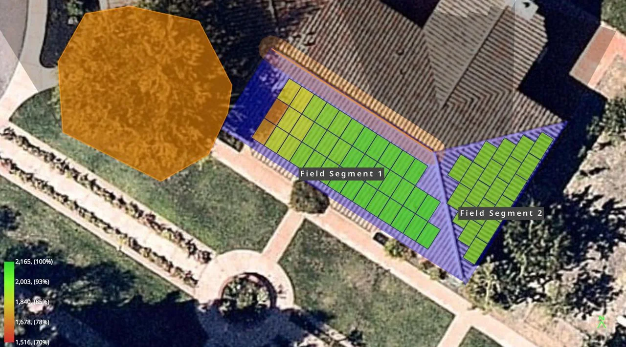 Aerial image of a roof with a solar panel layout grid drawn over it