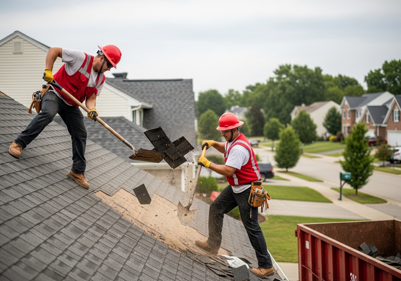 Crew tearing off old roof