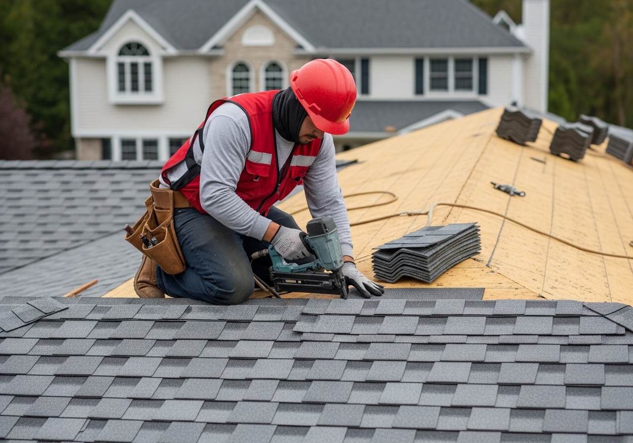 Crew installing new roof shingles